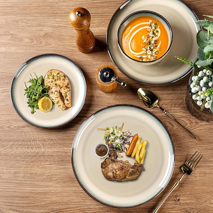 GBHOME Ceramic Dinnerware Sets for 4, 12 Pieces Stoneware Plates and Bowls Sets, Scratch Resistant Dishes, Dishwasher & Microwave Safe, Reactive Glaze-Gravel