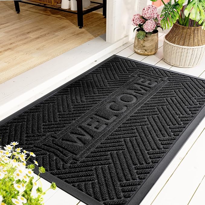 Mibao Front Door Mat Outside Entrance, Durable Outdoor Indoor Mat, Low Profile Heavy Duty Doormat, Non-Slip, Traps Dirt and Moisture, Easy Clean Patio Porch Entryway Mat, 36" x 24", Black