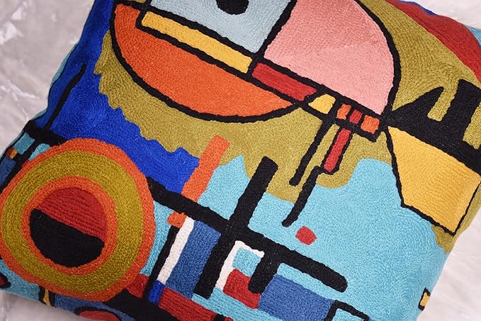 Kandinsky Upwards Abstract Pillow Cover Blue Decorative Throw Pillowcase Modern Chair Cushion Contemporary Accent Pillowsham Couch Handembroidered Wool Size 18x18