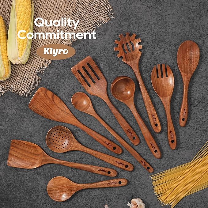 Teak Wooden Cooking Utensils Set, 10 Piece Premium Kitchen Cookware, Non-Scratch Wooden Spoons for Cooking, Perfect for Cooking and Serving