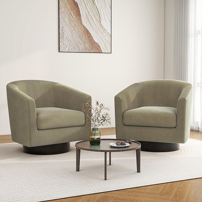 Swivel Barrel Accent Chair, Modern Round Corduroy Fabric Arm Chair for Living Room, Bedroom, Comfy Club Reading Chairs for Adults (Corduroy Camel, Set of 2)