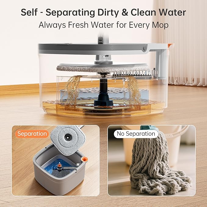 KZKR Spin Mop and Bucket Set with Self Separation Dirty and Clean Water System, Self Wringing 360° Rotating Square Mop Head for Home Floors Cleaning (1.0 Mop and Bucket Set (6 Pads))