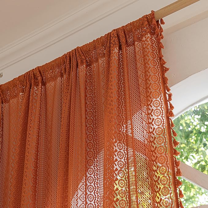 Sutuo Home Boho Curtains for Bedroom Living Room Dining Room, Crochet Lace Sheer Bohemian Country Tassels,Window Treatment Drapes for Halloween Decor, Rod Pocket 1 Panel 59" W x 120" L, Orange