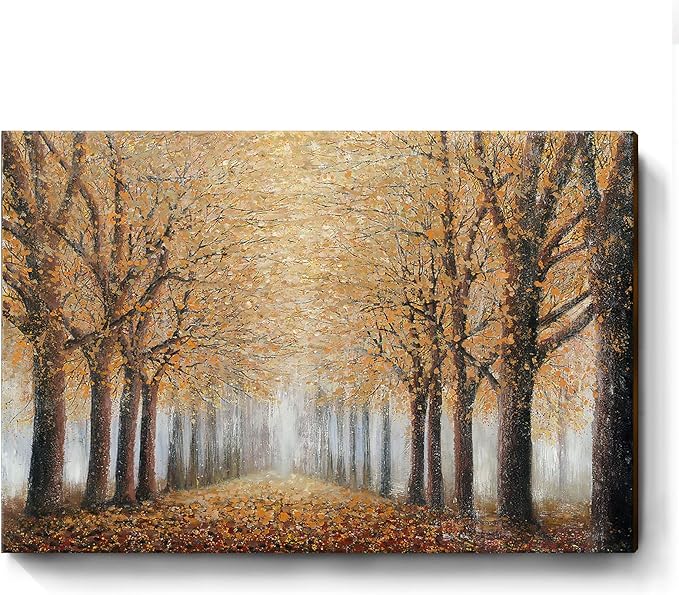 Large Tree Wall Art for Living Room Hand-Painted Forest Oil Painting Framed Yellow Grove Artwork Autumn Landscape Canvas Picture for Living Room Bedroom Home Decorations Wall Decor Large 48"x32"