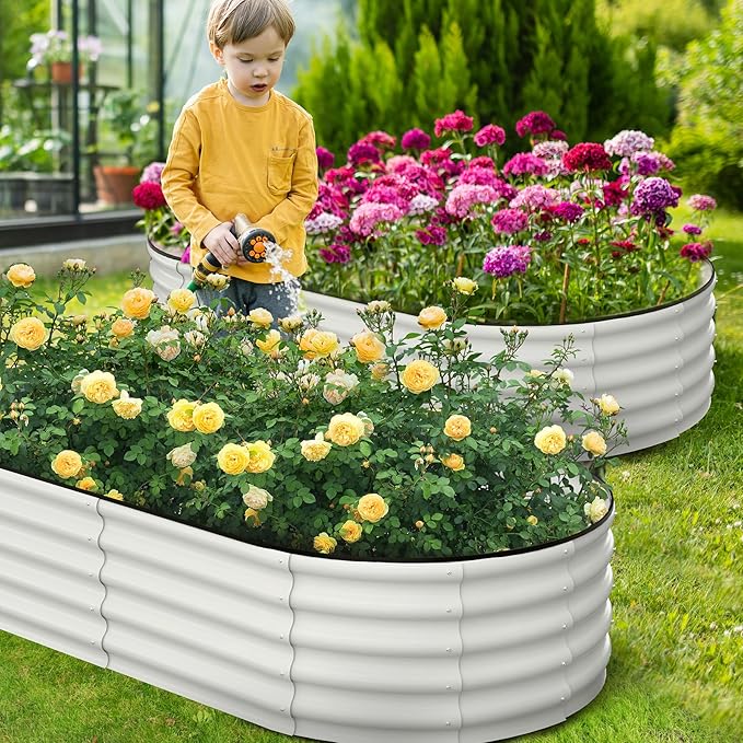 2 Pcs 6x3x1.5ft Oval Raised Garden Bed, Galvanized Raised Beds,Open-Ended Base Metal Raised Planter Beds,Garden Bed Outdoor,Planter Raised Boxes for Vegetables, Flowers,Tool-Free Asse,White
