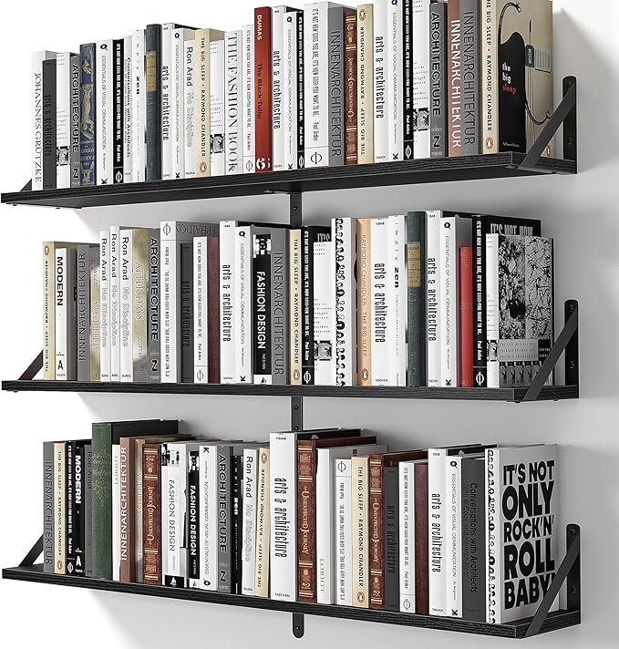 Heimlove Floating Shelves for Wall, 36 Inch Long Wood Floating Bookshelf Set of 3, Wall Mounted Hanging Shelf for Bathroom Bedroom Kitchen, Black