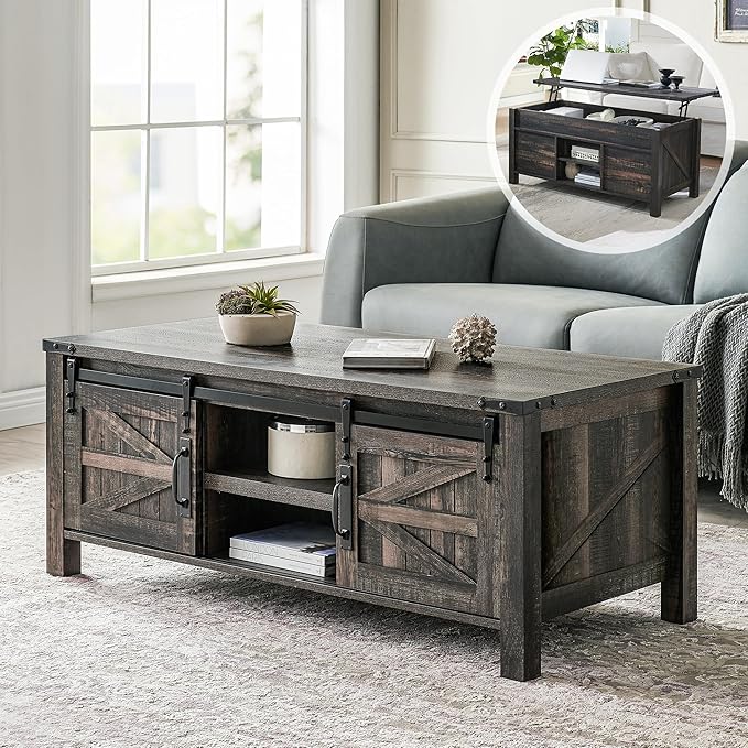 OKD 48" Farmhouse Lift Top Coffee Table with Sliding Barn Door,Rustic Center Table with Hidden Storage Compartment,Lifting Tabletop and Adjustable Shelf for Living Room,Office,Dark Rustic Oak