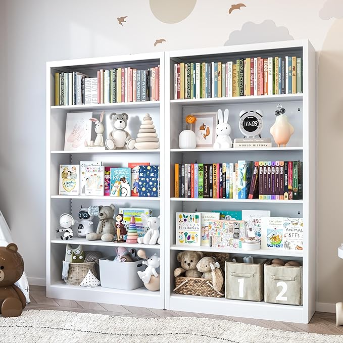 White Bookshelf, 55” Adjustable Tall Metal Bookshelf, 5-Tier Wide Bookshelf with Anti-Tilt Device, Modern Book Cases and Book Shelves for Bedroom, Living Room, Playroom, Study