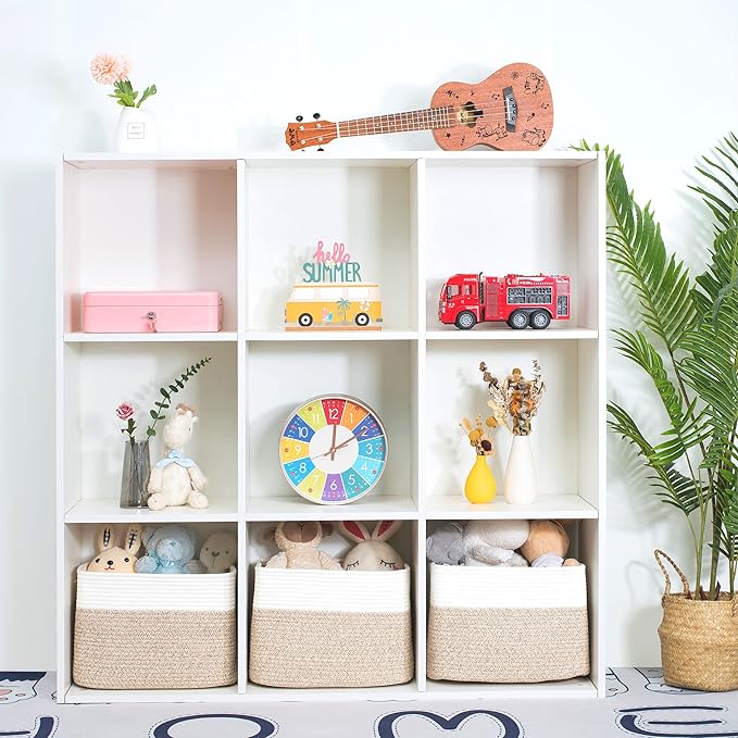 MINTWOOD Design 3-Pack Storage Baskets for Shelves, Playroom and Classroom Basket, Book Decorative Cube Bins, Woven Closet Organizers, Baby Nursery Baskets, Light Brown