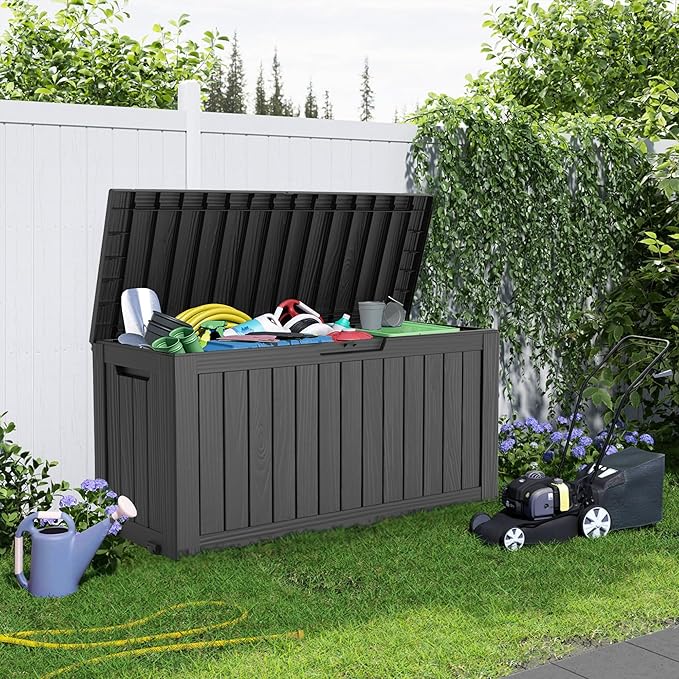 75 Gallon Resin Deck Box, Lockable Patio Outdoor Storage Box for Furniture, Garden Tools and Tools Storage, Waterproof Outside Storage Boxes - Black