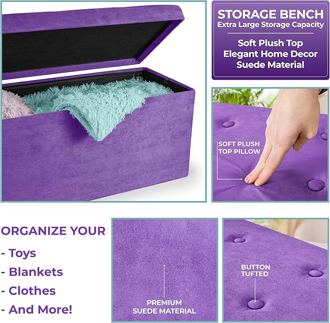 Sorbus Storage Ottoman Bench – Collapsible/Folding Bench Chest with Cover – Perfect Toy and Shoe Chest, Hope Chest, Pouffe Ottoman, Seat, Foot Rest, – Contemporary Faux Suede (Purple)