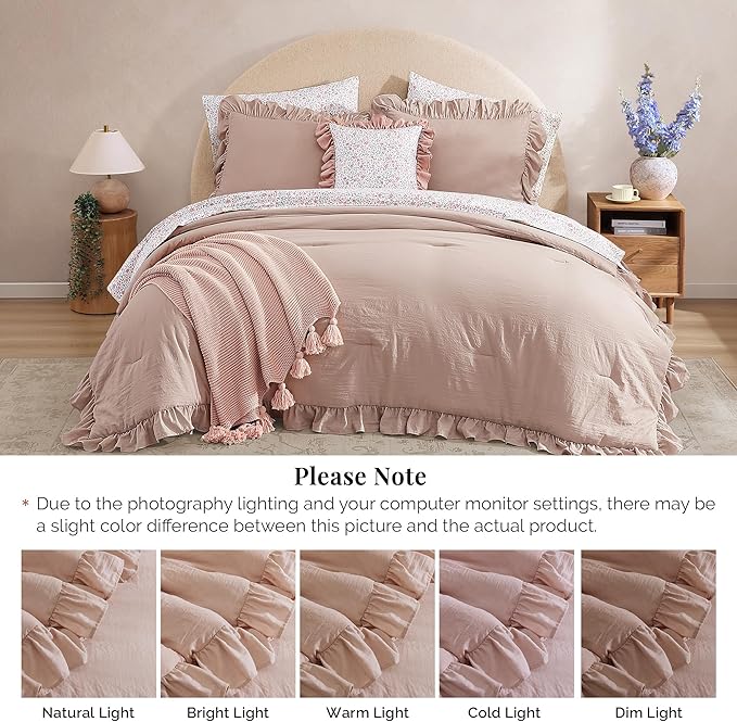 Full Comforter Set - 7 Pieces Ruffle Pink Bedding Sets, Shabby Chic Farmhouse Bed in a Bag Full with Ruffle Comforter, Floral Sheets, Pillowcases & Shams