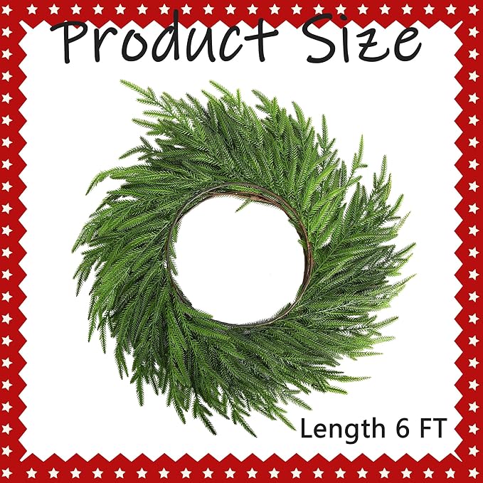 Watayo 6 Ft Christmas Norfolk Pine Garland, Dense Real Touch Pine Garland Ornament, Realistic Artificial Pines Greenery Garlands for Mantle, Table, Fireplace, Indoor, Outdoor Christmas Decoration