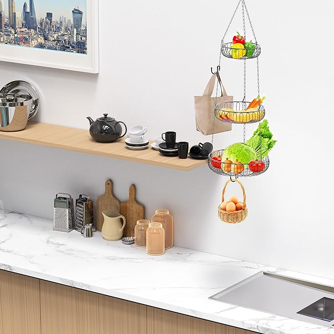 Simple Houseware Adjustable Metal Hanging Fruit Basket, Oblate, Black, 11" W x 11" L x 30" H