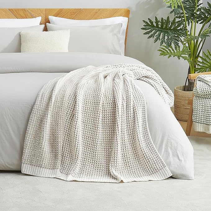 Amélie Home Chenille Waffle Throw Blanket for Couch, Reversible Pineapple Stitch Knit Soft Cozy Knit Blanket Lightweight Warm Decorative Throw for Sofa, Bed, Living Room, 60"x80", Beige&Ivory