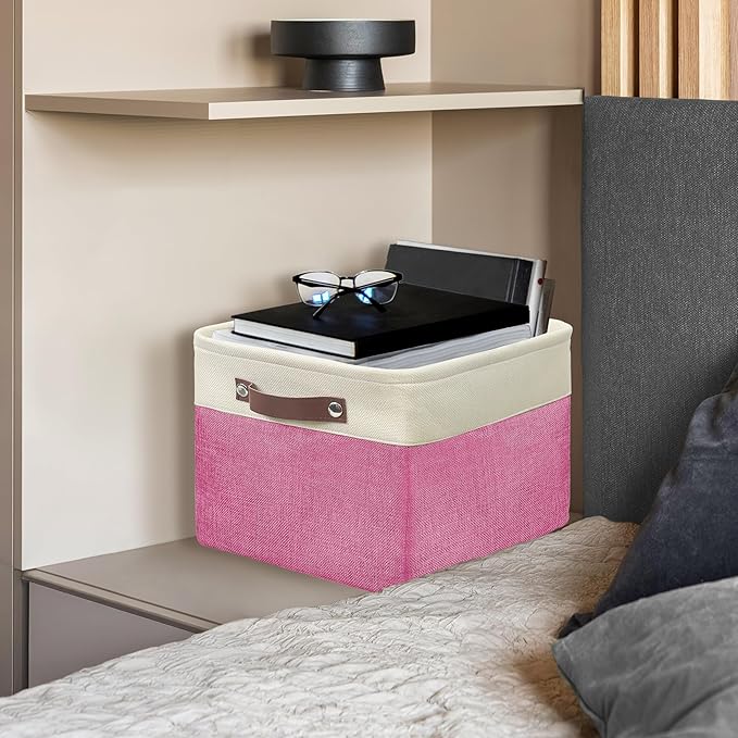 SIMPLE HOUSEWARE Large Fabric Storage Bin, 15" x 11" with Leather Like Handles, 3 Pack, Pink