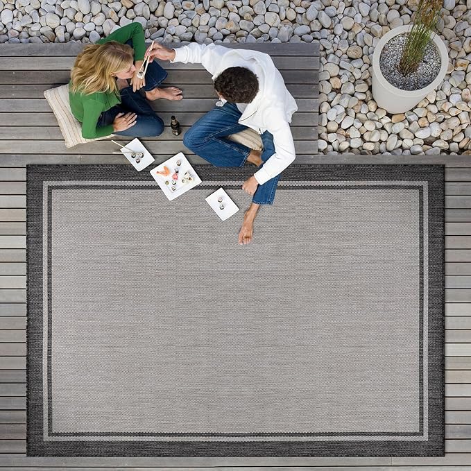 CAMILSON Indoor Outdoor Rug, 6x9 Bordered Gray Modern Area Rugs for Indoor and Outdoor Patios, Kitchen and Hallway Mats, Washable Porch Deck Outside Carpet (Bordered Grey, 6 x 9)