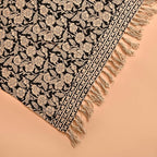 Handmade Cotton Throw Blanket, Floral Block Print, Black and Beige Wrap, 47x71 inches Decorative Woven Throw with Tassels