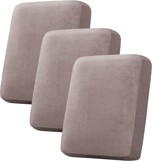 H.VERSAILTEX Velvet Stretch Couch Cushion Cover Plush Cushion Slipcover for Chair Loveseat Sofa Cushion Furniture Protector Seat Cushion Sofa Cover (3 Piece Sofa Cushion Covers, Taupe Striped)