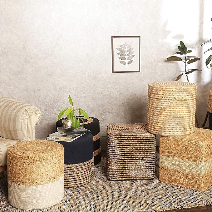 REDEARTH · Cube Pouf Foot Stool Ottoman - Jute Braided Pouffe Poof Accent Sitting Footrest for The Living Room, Bedroom, Nursery, Lounge 50% Jute 50% Cotton Set of 2 (14.5”x14.5”x16”; Natural Black)