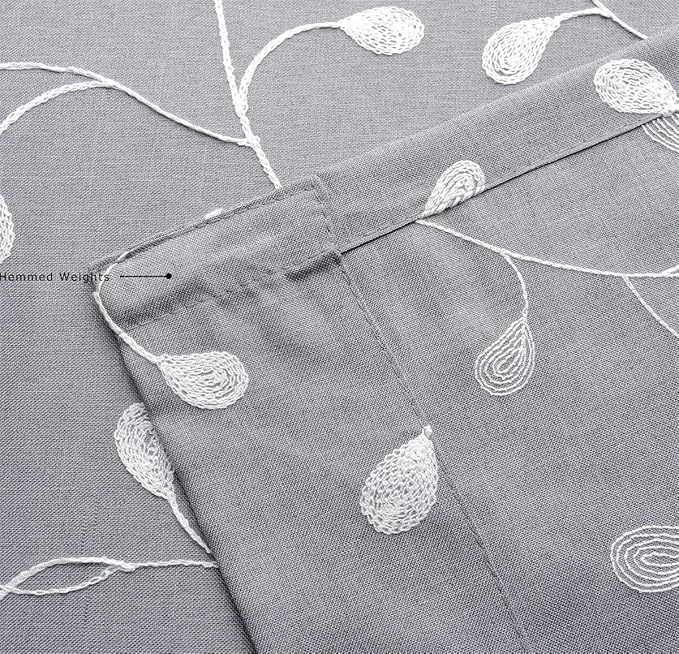 MIUCO Floral Embroidered Semi Sheer Curtains Faux Linen Grommet Curtain Panels for Bedroom 52 x 95 Inch 2 Panels, Grey