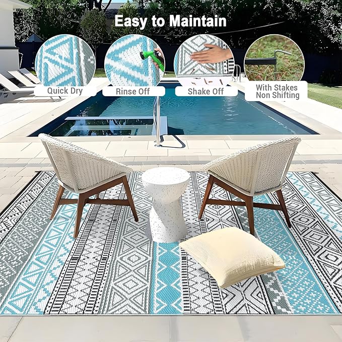 GAOMON Outdoor Plastic Straw Rug, 10'x14' Reversible Sage Green Patio Mat, Flower Modern Design for RV, Backyard, Deck, Camping, Picnic, Blue/Grey(Bohemia)