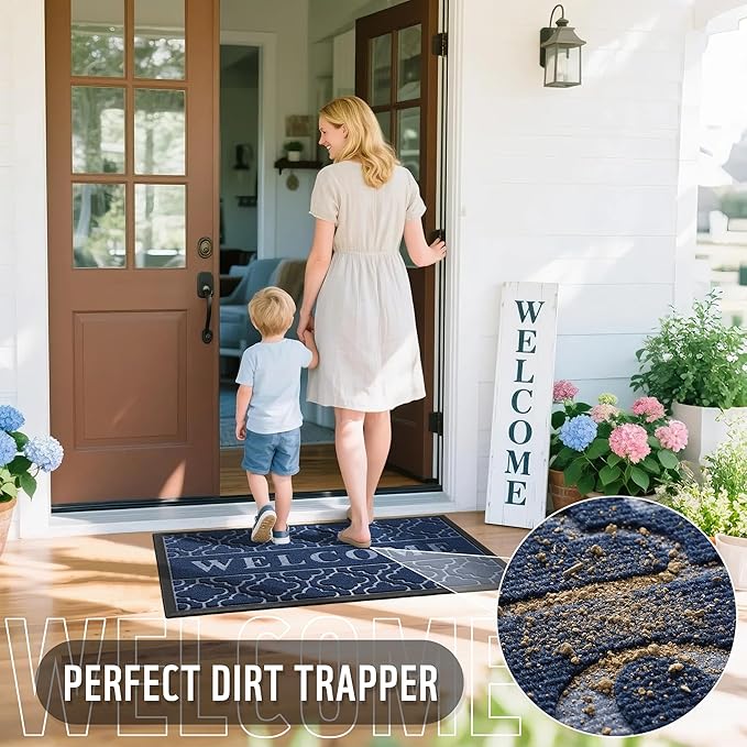 Yimobra Welcome Mat Outdoor Indoor, All-Season Waterproof Front Door Mat Outside Entrance, All-Weather Heavy Duty Non-Slip Doormat, Low Profile Porch Patio Entrance Mats, 47x32, Blue