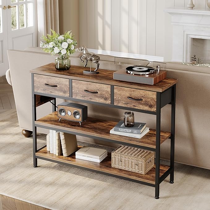 Lulive 2 Pack Entryway Tables with Power Outlets, Console Table with 3 Fabric Drawers, Sofa Table for Living Room, Hallway, Couch, Foyer, Height Adjustable
