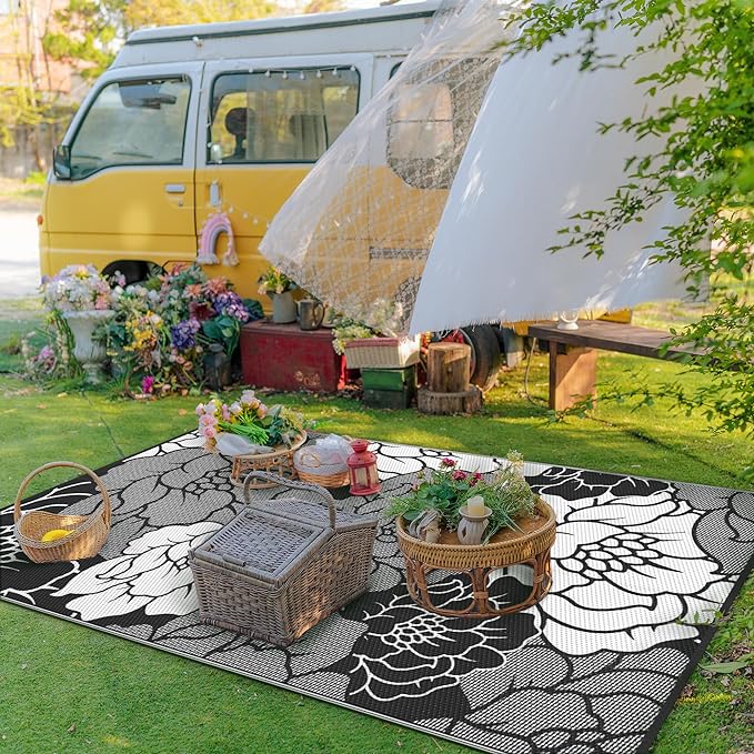 GENIMO Outdoor Rug Waterproof for Patio Decor, 9' x 12' Reversible Plastic Straw Floral Camping Carpet, Large Area Rugs Mats for RV, Camper, Deck, Balcony, Porch, Beach, Picnic, Mix-Black & White