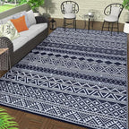 GAOMON Outdoor Rugs Patio Camping Waterproof Rug 6'x9' Plastic Straw Patio Rug Portable for Campers, Outside RVs Mat for Patios Clearance, Backyard Porch, Balcony, Dark Blue/White(Bohemia)
