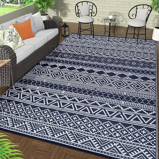 GAOMON Outdoor Rugs Patio Camping Waterproof Rug 6'x9' Plastic Straw Patio Rug Portable for Campers, Outside RVs Mat for Patios Clearance, Backyard Porch, Balcony, Dark Blue/White(Bohemia)