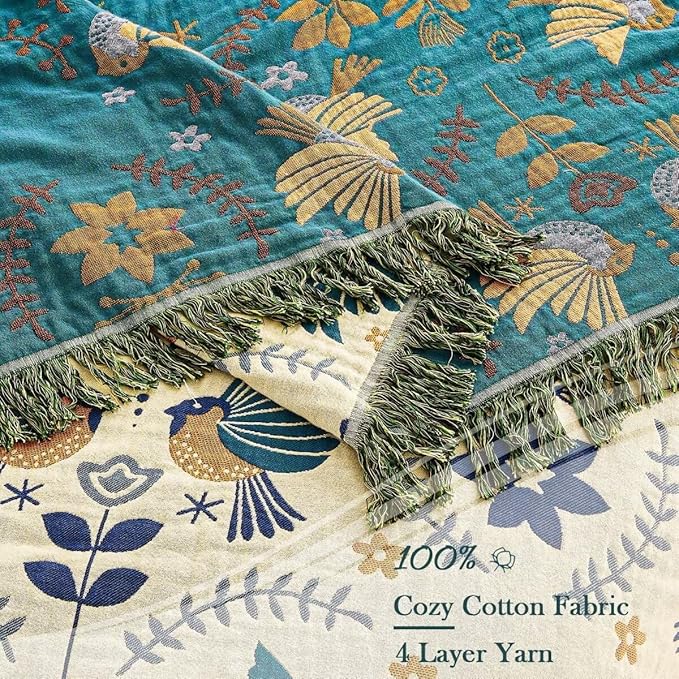 Boho Throw Blanket, 100% Cotton Ultra Soft Luxury Throw Rustic Quilt, 60"x80" Floral Printed Farmhouse Decor Bed Summer Blankets, All Season Rustic Reversible Bohemian Throw for Bed - Blue