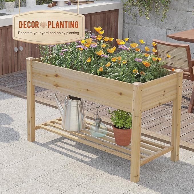 GHWIE Raised Garden Bed with Shelf,Elevated Wooden Planter Box with Legs,Garden Planter for Backyard, Patio, Balcony,200lb Capacity - Natural