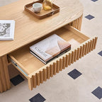 51.18'' Oval Coffee Table for Living Room Fluted Center Table with Drawer, Mid Century Modern Coffee Tables, Easy Assembly for Office Storage Tea Table Oak