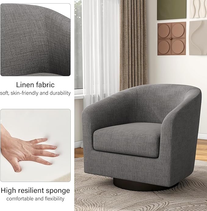 Swivel Barrel Accent Chair, Modern Round Linen Arm Chair for Living Room, Bedroom, Comfy Club Reading Chairs for Adults（Linen Fabric, Grey, Set of 1