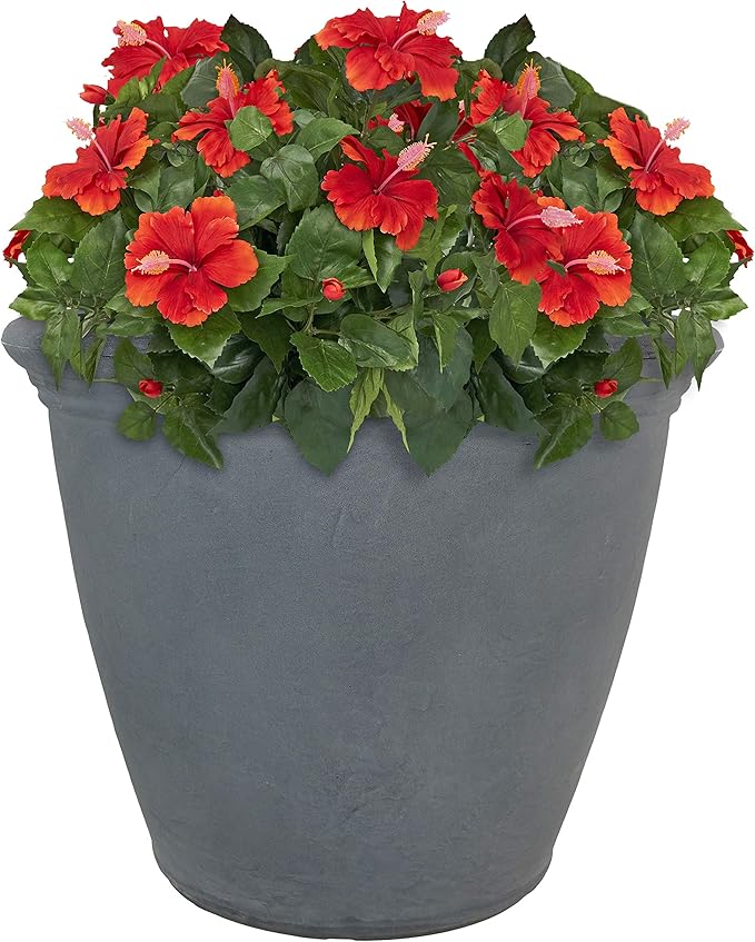 Sunnydaze 20-Inch Anjelica Large Plastic Pot for Plants - Outdoor Polyresin Round Planter with Drillable Drainage Holes - Slate