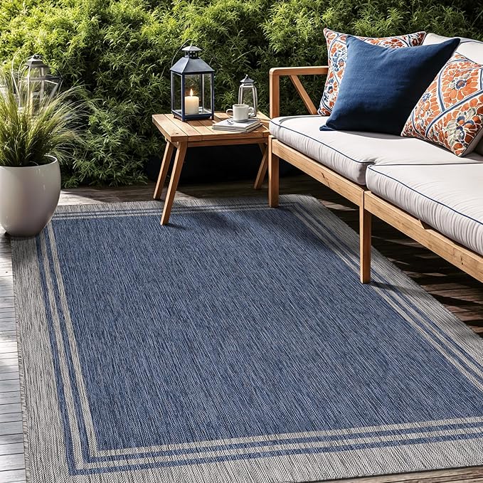 Bordered Outdoor Rug 5x7 Washable Outside Carpet for Indoor Patio Porch Waterproof Easy Cleaning Non Shedding Area Rugs Navy 5 x 7
