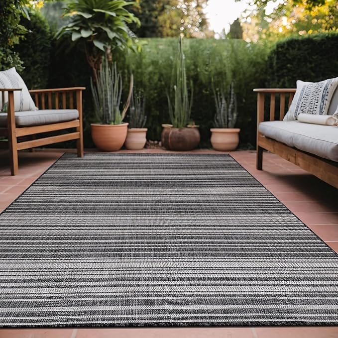 Stripe Outdoor Rug 10x14 Washable Outside Carpet for Indoor Patio Porch Waterproof Easy Cleaning Non Shedding Area Rugs Dark Gray 10 x 14
