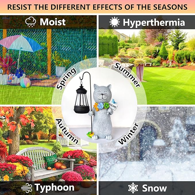 Solar Cat Garden Statues Outdoor Décor with Lantern- Cat Figurines Solar LED Light Lawn Ornaments - Yard Decorations for Patio, Balcony, Backyard -Unique House Warming Gifts for Mom