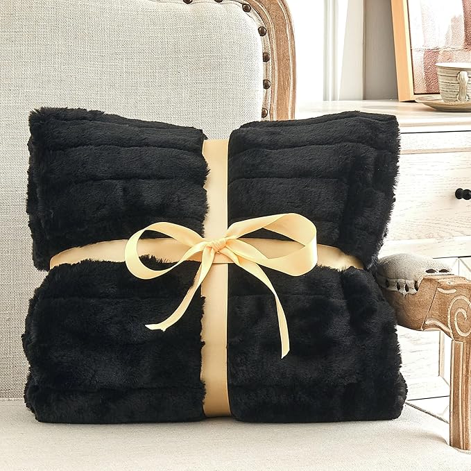 BEDELITE Faux Fur Throw Blanket for Couch, Soft and Cozy 3D Ribbed Fluffy Blanket, Thick Warm Plush Fuzzy Faux Rabbit Fur Blanket for Women Gift (Black, 50"x 60")