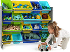 Humble Crew Supersized Toy Storage Organizer with 16 Removable Bins, Grey/Blue/Green/Yellow – Large Toy Storage for Toddlers Ideal for Kids' Rooms, Playrooms, and Nurseries - Modern Toy Bins for Kids
