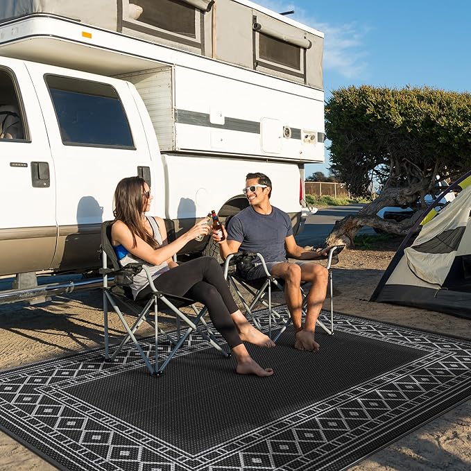 GENIMO Outdoor Rug Waterproof 6'x9' for Patio, Foldable Reversible Plastic Straw Carpet for Travel Trailers, Outside Area Mat for Rv, Deck, Picnic, Porch, Camper, Balcony, Beach, Black & Grey