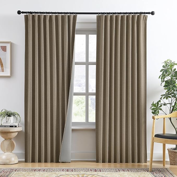 RAIN CITY Linen Brown Curtains 84 Inch Long 2 Panels Burg, Full Blackout Back Tab Pleated Look Drapes with Hooks, Thermal Insulated Boho Farmhouse Curtains for Living Room (50x84 in Lenght,Linen)