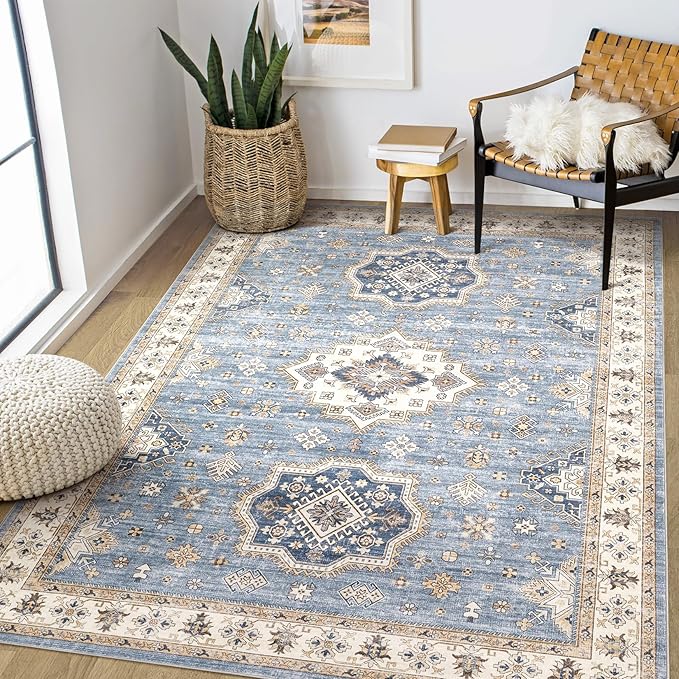 Washable Area Rugs for Living Room - 5x7 Neutral Vintage Distressed Floral Farmhouse Boho Large Soft Floor Rug Indoor Non Slip Carpet for Living Room Bedroom Dining Room Office - Blue