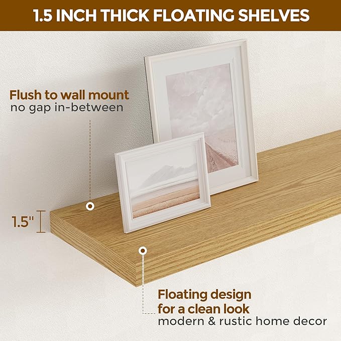 24 x 9 Floating Shelves, 9 Inch Deep Floating Shelf Wall Mounted, 24 Inch Bathroom Shelves Set of 2, Rustic Wood Wall Shelf for Bedroom, Living Room, Oak Color