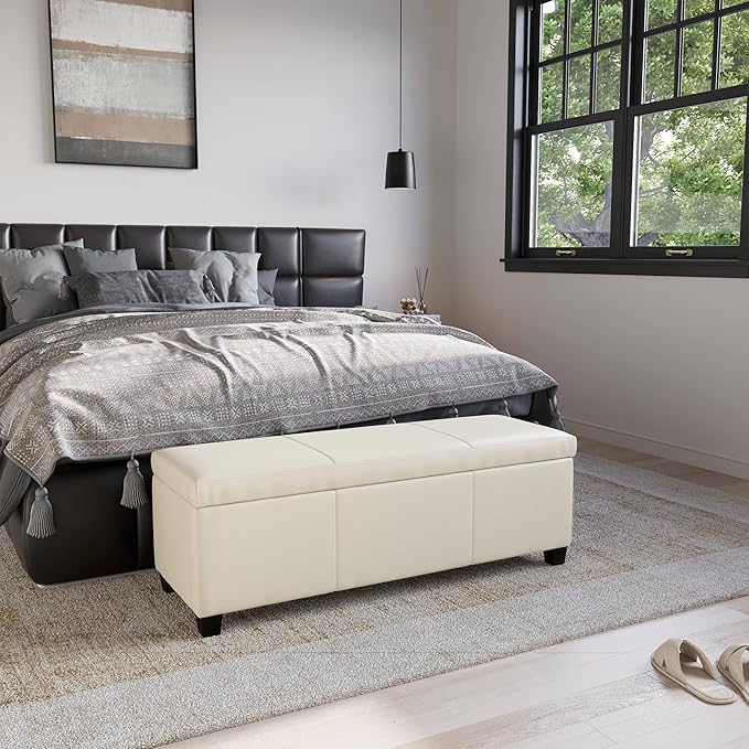 BELLEZE 47 Inch Storage Ottoman, Faux Leather Storage Bench Bedroom Bench with Safety Close Hinge, Ottoman with Storage for Living Room, Entryway, Hallway, Foot Rest, Support 300lbs - Cream