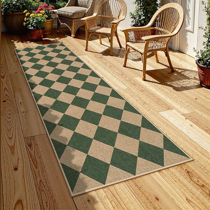 Lahome Checkered Kitchen Runner, 2x8 Easy Jute Runner Rug for Hallway Entryway, Farmhouse Indoor Outdoor Non Slip Non Shedding Green Carpet for Laundry Bedroom Porch Corridor