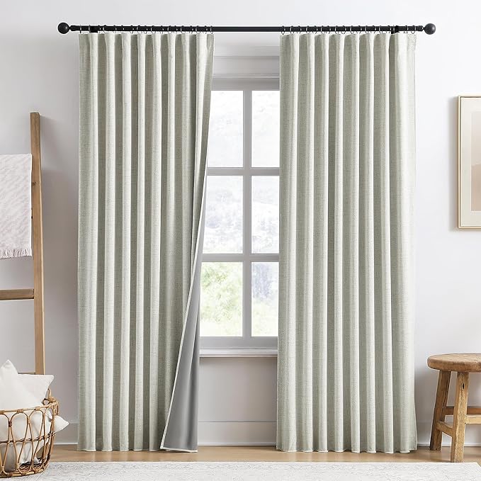 Linen Natural Blackout Curtains 84 Inch Long 2 Panels Set,Back Tab Pleated Burlap Textured Window Draperies with Hooks, Noise Reducation Black Out Darkening Curtains for Bedroom,50x84 in Length