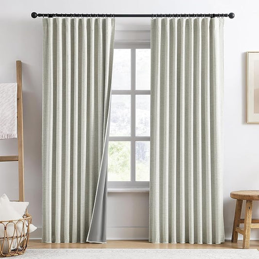 Linen Natural Blackout Curtains 84 Inch Long 2 Panels Set,Back Tab Pleated Burlap Textured Window Draperies with Hooks, Noise Reducation Black Out Darkening Curtains for Bedroom,50x84 in Length