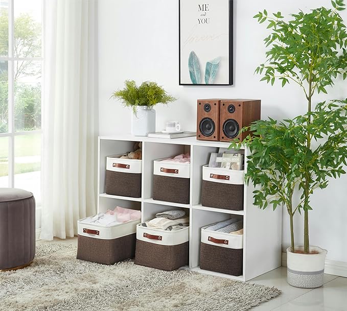 DECOMOMO Storage Bins Fabric Storage Baskets for Shelves, Linen Closet Organization Toys Nursery (Brown and White, Large - 4 Pack)